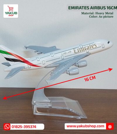 Emirates Airbus model, 16cm airplane model, die-cast metal plane BD, Emirates A380 showpiece, aviation gifts Bangladesh, metal aircraft model, office decor airplane, Yakub Shop, plane collection BD, kids metal plane toy, high-quality airplane miniature, Emirates airline collectibles Dhaka.