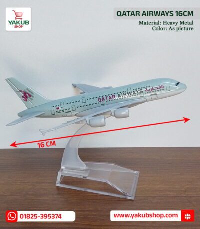 Qatar Airways model plane, 16cm metal airplane, die-cast aircraft model Bangladesh, aviation collectibles BD, Qatar Airways A380 model, metal plane toy, office desk decor BD, airplane showpiece Dhaka, Yakub Shop airplane, aviation gift items, Qatar Airways 16cm Heavy Metal Airplane Model with Stand - Yakub Shop